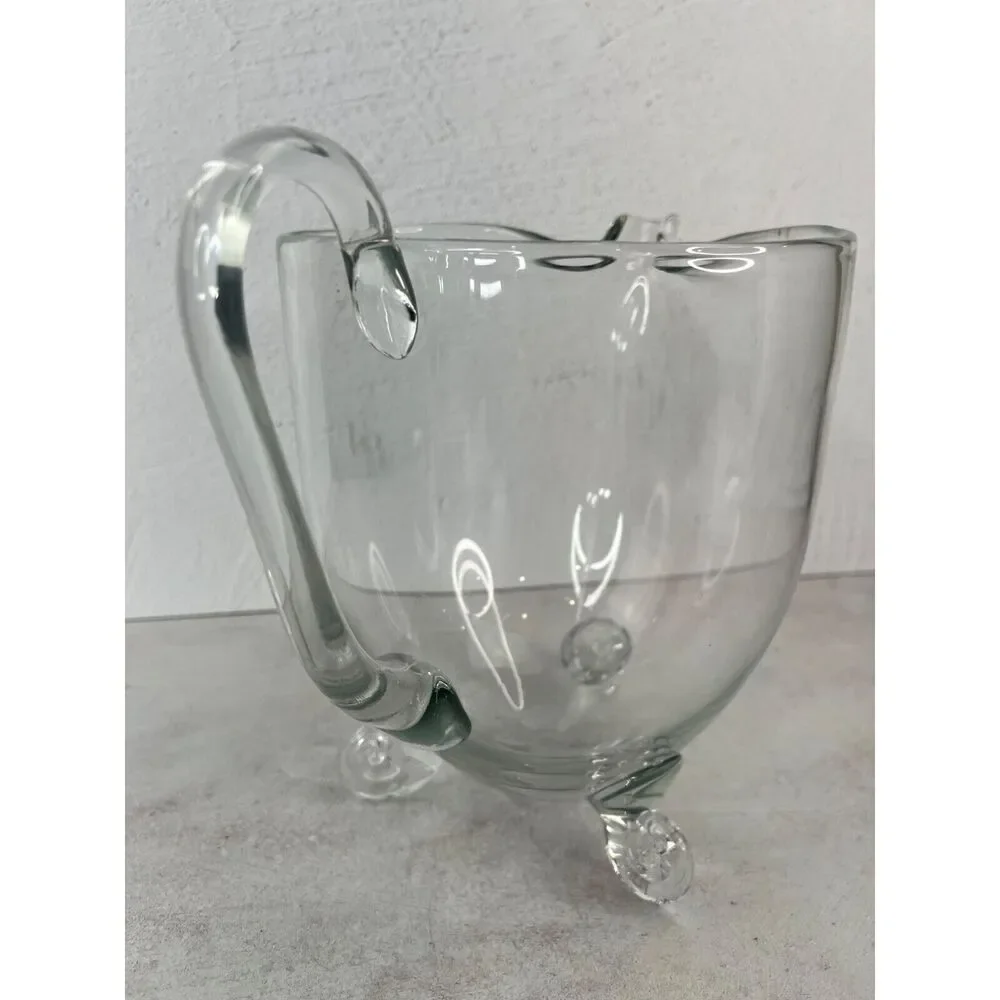 Vintage Blown Clear Glass Pitcher With‎ Three Legs & Handle Unique MCM Diffrent